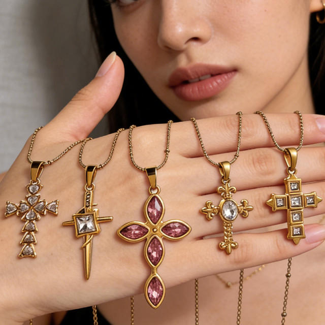 Delicate colorful rhinestone cross pendant stainless steel necklace