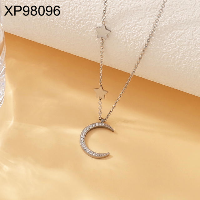 Dainty diamond moon pendant stainless steel necklace