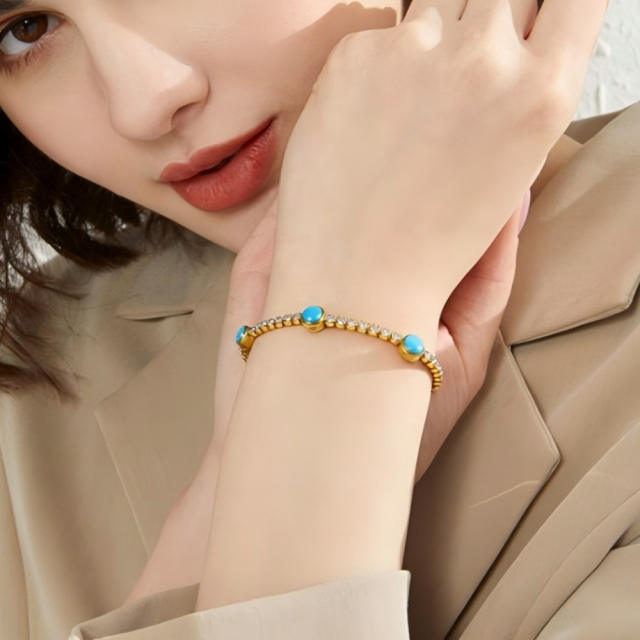 Delicate turquoise stone inlaid tennis bracelet diamond stainless steel bracelet