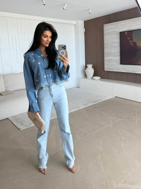 Spring Loose Embroidered Retro Casual Long-Sleeved Denim Shirt