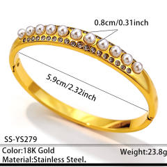 Elegant unique design hollow out pearl diamond inlaid stainless steel bangle bracelet