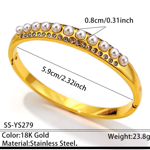 Elegant unique design hollow out pearl diamond inlaid stainless steel bangle bracelet
