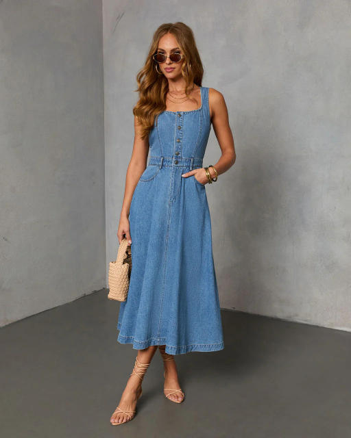 Spring summer new design light blue denim dress long dress holiday dress