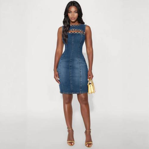 Spring punk trend viet hollow out denim dress bodycorn dress