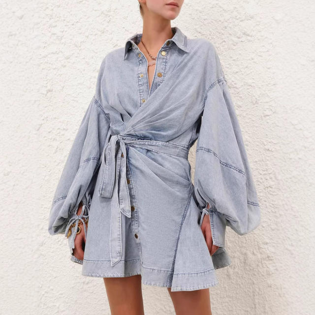 Urban denim butterfly-embellished tie-up lantern long-sleeved dress