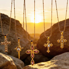 Delicate colorful rhinestone cross pendant stainless steel necklace
