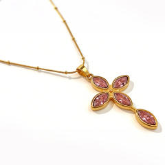 Delicate colorful rhinestone cross pendant stainless steel necklace