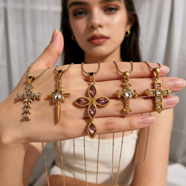 Delicate colorful rhinestone cross pendant stainless steel necklace