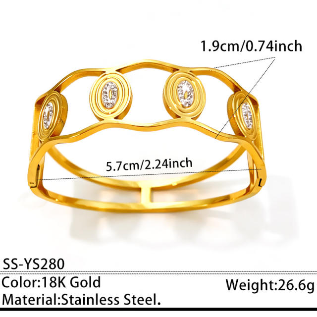 Elegant unique design hollow out pearl diamond inlaid stainless steel bangle bracelet