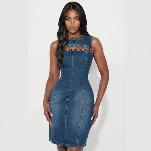 Spring punk trend viet hollow out denim dress bodycorn dress