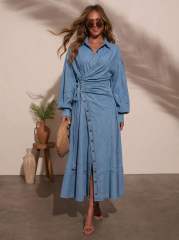 Spring elegant demin Lantern Long-Sleeved Dress