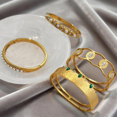 Elegant unique design hollow out pearl diamond inlaid stainless steel bangle bracelet