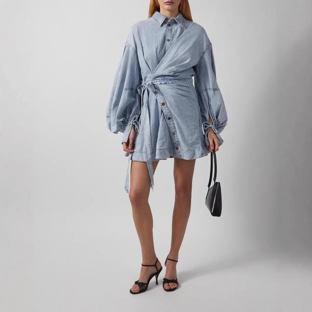 Urban denim butterfly-embellished tie-up lantern long-sleeved dress
