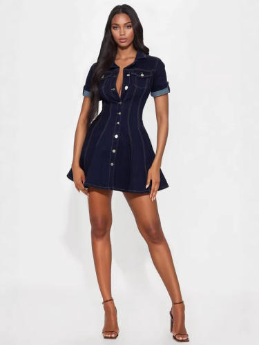Fashion button design denim short dress for women