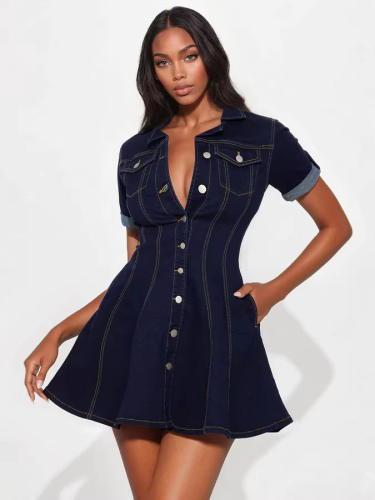 Fashion button design denim short dress for women