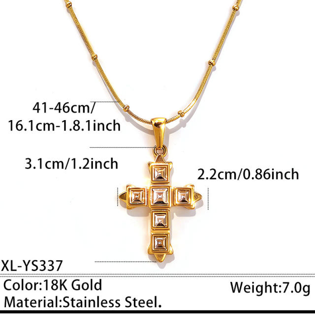Delicate colorful rhinestone cross pendant stainless steel necklace
