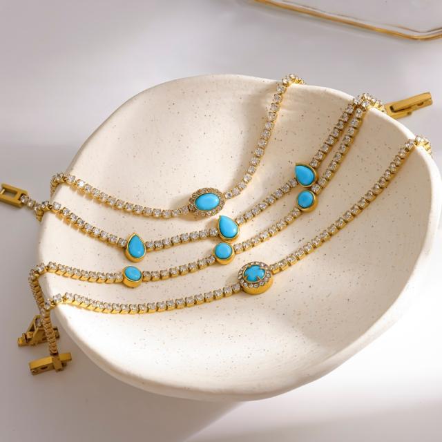 Delicate turquoise stone inlaid tennis bracelet diamond stainless steel bracelet