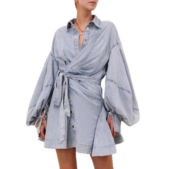 Urban denim butterfly-embellished tie-up lantern long-sleeved dress