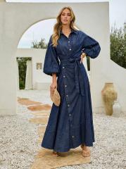Spring elegant demin Lantern Long-Sleeved Dress