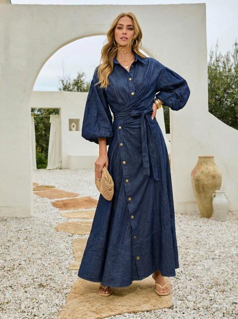 Spring elegant demin Lantern Long-Sleeved Dress