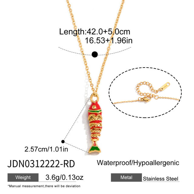 Colorful enamel diamond fish pendant stainless steel necklace