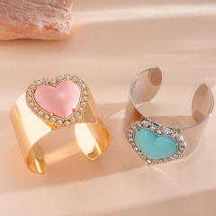 Sweet pink blue resin heart silver metal cuff bangle for women