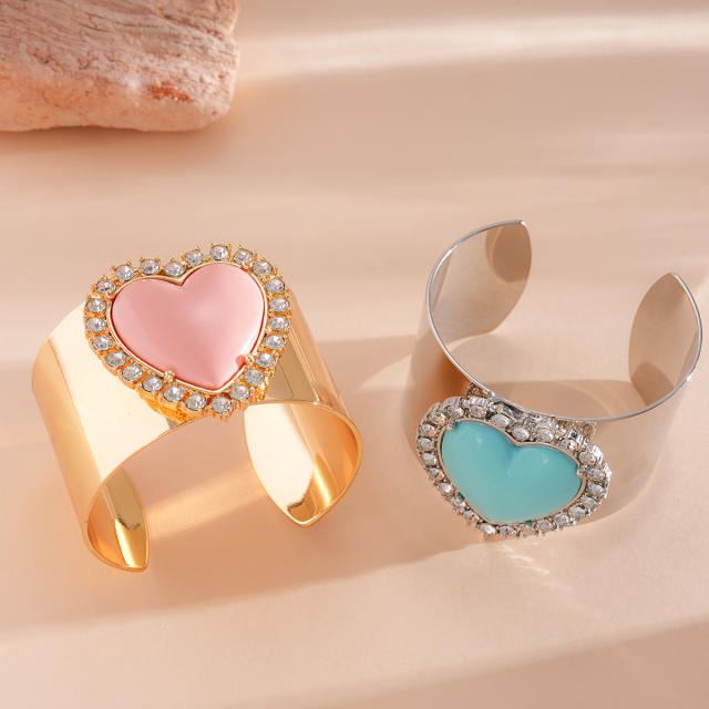 Sweet pink blue resin heart silver metal cuff bangle for women