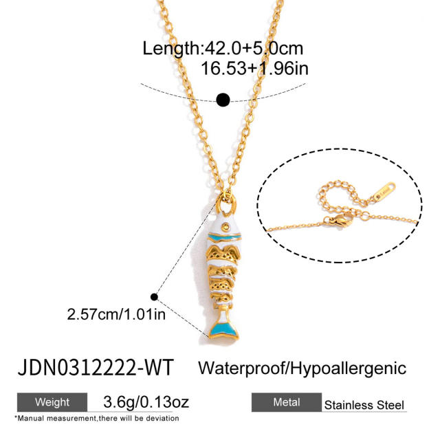 Colorful enamel diamond fish pendant stainless steel necklace