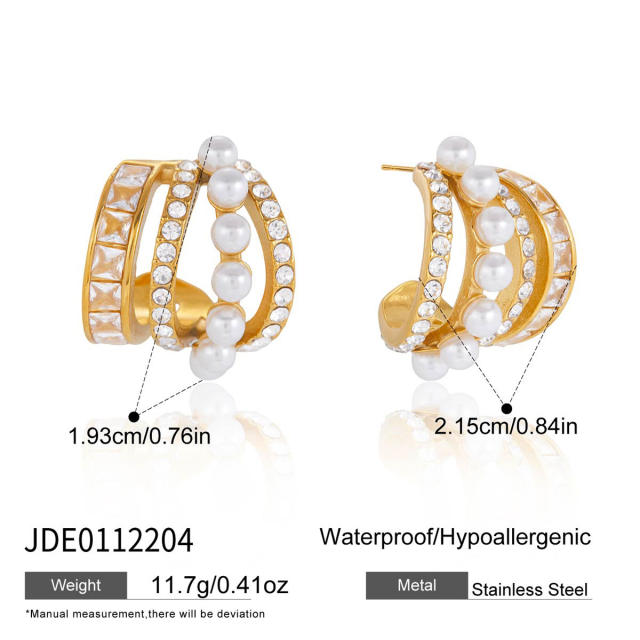Elegant imitation pearl bead diamond inlaid stainless steel earrings