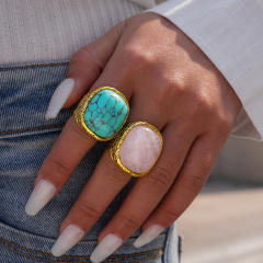 Natural pink stone turquoise inlaid chunky rings
