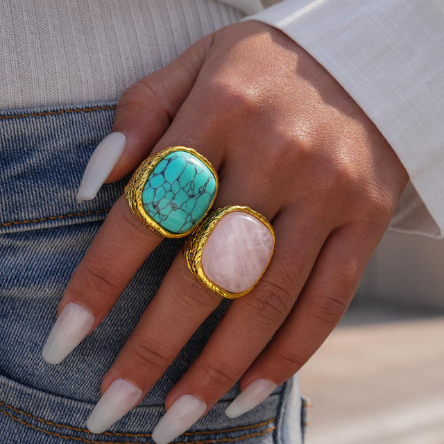 Natural pink stone turquoise inlaid chunky rings