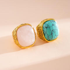 Natural pink stone turquoise inlaid chunky rings