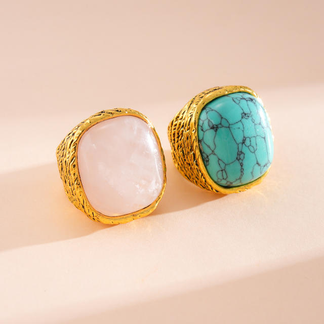 Natural pink stone turquoise inlaid chunky rings