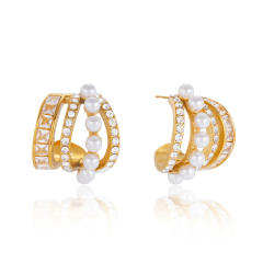 Elegant imitation pearl bead diamond inlaid stainless steel earrings