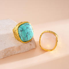 Natural pink stone turquoise inlaid chunky rings
