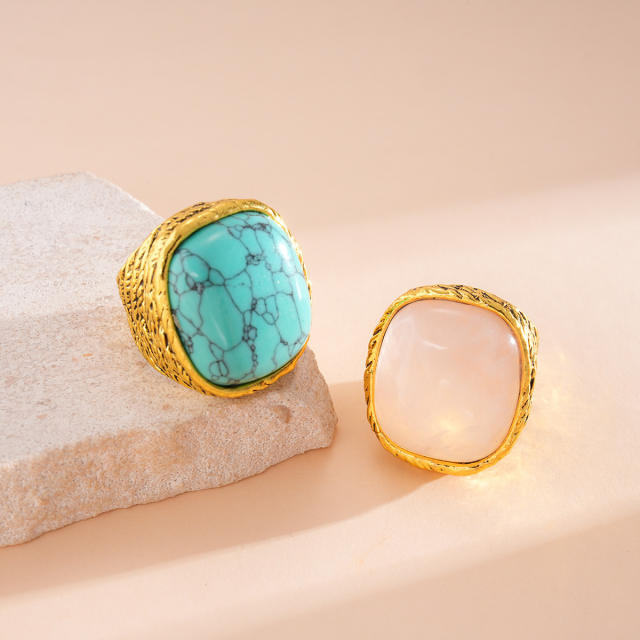 Natural pink stone turquoise inlaid chunky rings