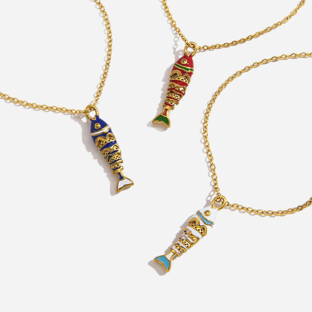 Colorful enamel diamond fish pendant stainless steel necklace
