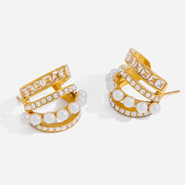 Elegant imitation pearl bead diamond inlaid stainless steel earrings