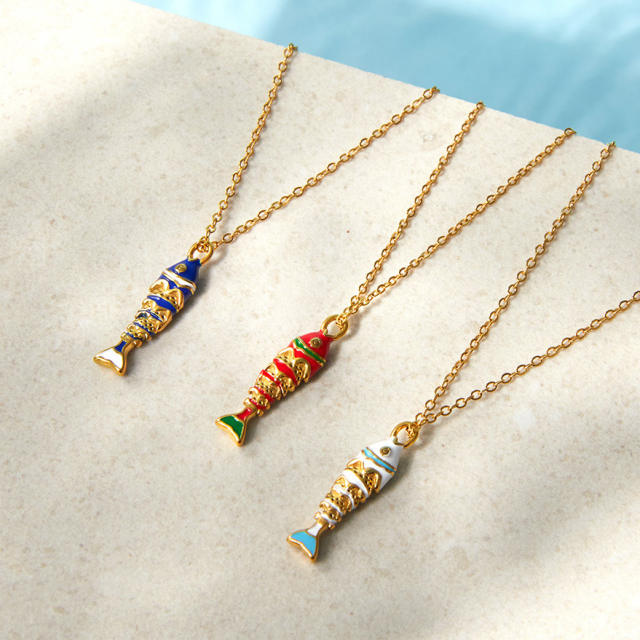 Colorful enamel diamond fish pendant stainless steel necklace