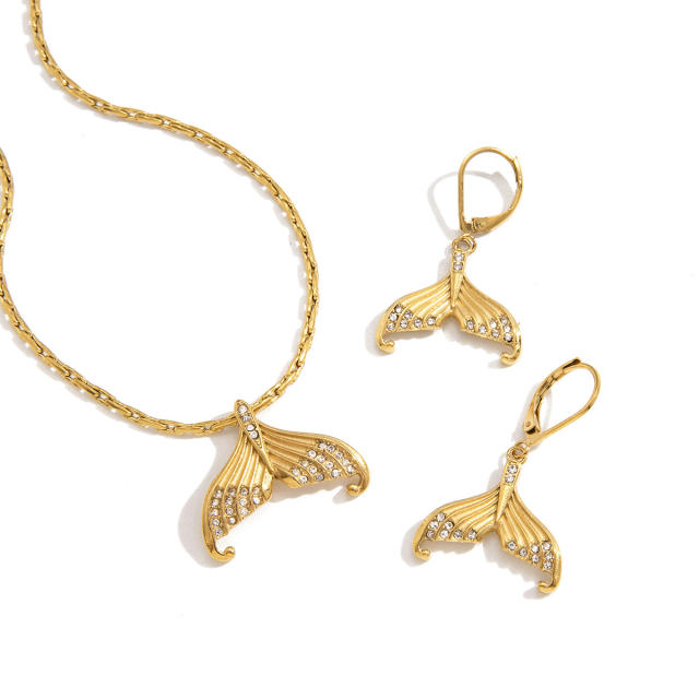 Summer diamond fish tail pendant stainless steel necklace earrings set