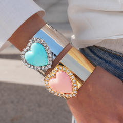 Sweet pink blue resin heart silver metal cuff bangle for women