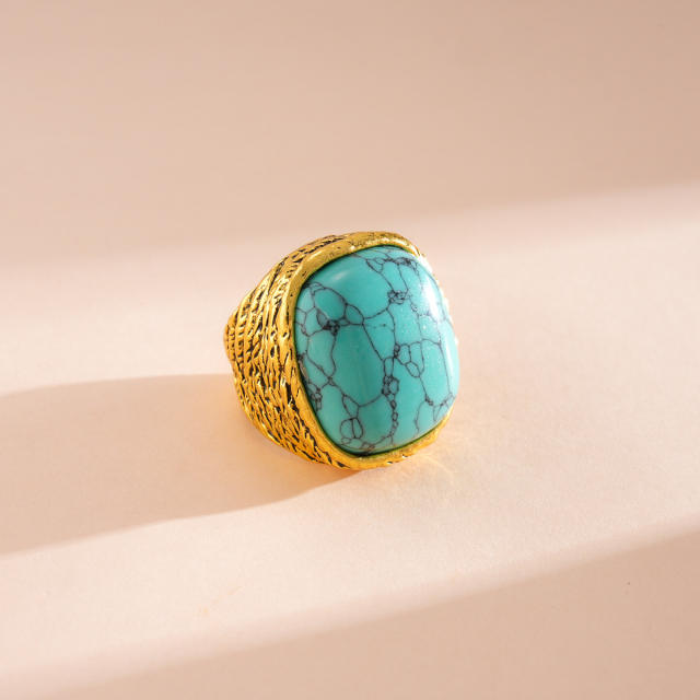 Natural pink stone turquoise inlaid chunky rings