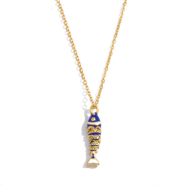 Colorful enamel diamond fish pendant stainless steel necklace