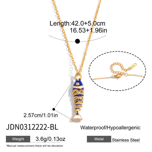 Colorful enamel diamond fish pendant stainless steel necklace