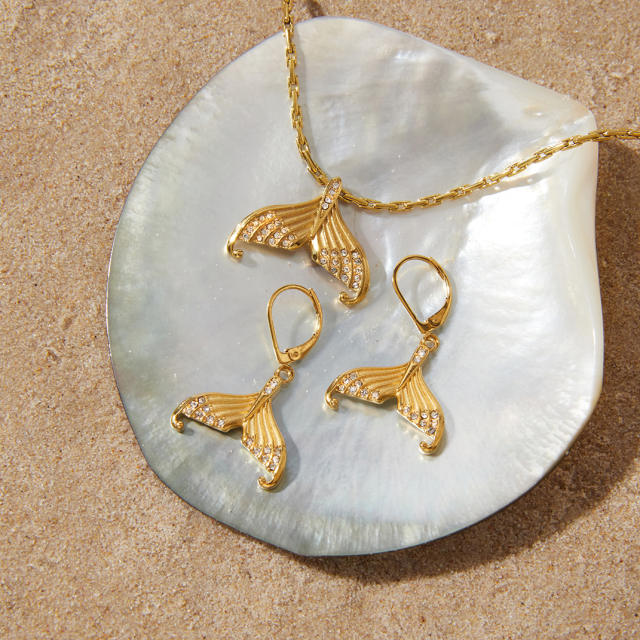 Summer diamond fish tail pendant stainless steel necklace earrings set