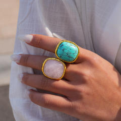 Natural pink stone turquoise inlaid chunky rings