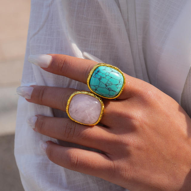 Natural pink stone turquoise inlaid chunky rings