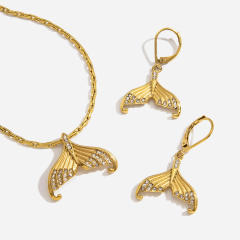 Summer diamond fish tail pendant stainless steel necklace earrings set