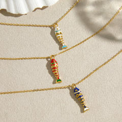 Colorful enamel diamond fish pendant stainless steel necklace