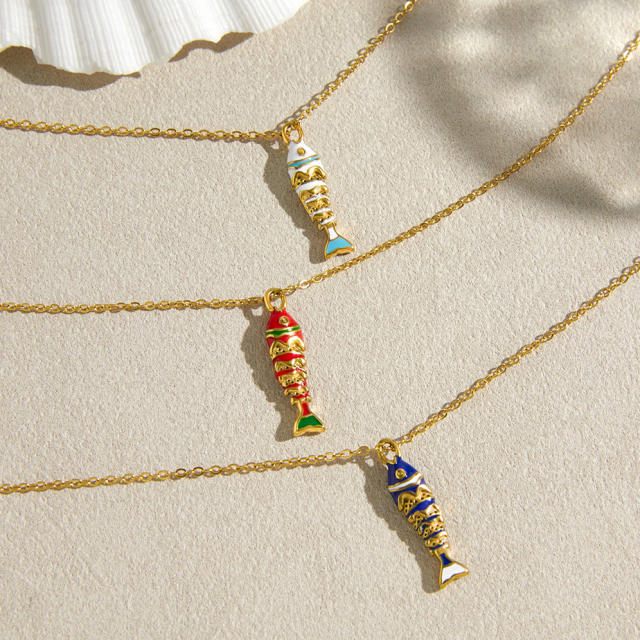 Colorful enamel diamond fish pendant stainless steel necklace
